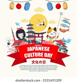 illustration of happy japanese culture day background with flat design concept for greeting card, poster, social media post