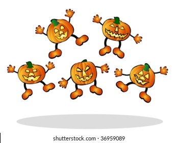 illustration of happy, jumping pumpkins
