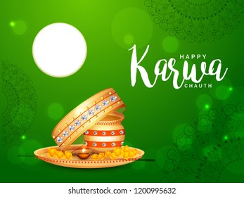 Illustration Of Happy Karwa Chauth Greeting Card Background With Decorated Puja Thali.