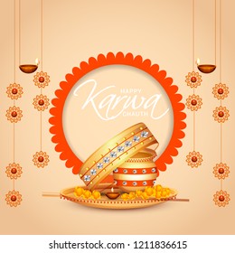 Illustration Of Happy Karwa Chauth Greeting Card Background With Decorated Puja Thali.