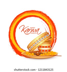 Illustration Of Happy Karwa Chauth Greeting Card Background With Decorated Puja Thali.