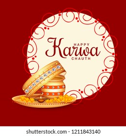 Illustration Of Happy Karwa Chauth Greeting Card Background With Decorated Puja Thali.