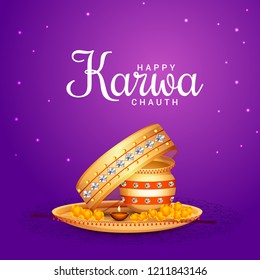 Illustration Of Happy Karwa Chauth Greeting Card Background With Decorated Puja Thali.