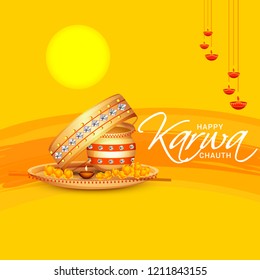 Illustration Of Happy Karwa Chauth Greeting Card Background With Decorated Puja Thali.