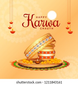 Illustration Of Happy Karwa Chauth Greeting Card Background With Decorated Puja Thali.