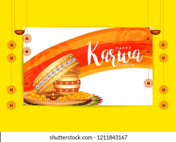 Illustration Of Happy Karwa Chauth Greeting Card Background With Decorated Puja Thali.