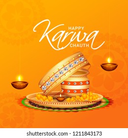 Illustration Of Happy Karwa Chauth Greeting Card Background With Decorated Puja Thali.