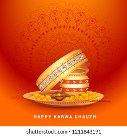 Illustration Of Happy Karwa Chauth Greeting Card Background With Decorated Puja Thali.