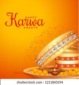 Illustration Of Happy Karwa Chauth Greeting Card Background With Decorated Puja Thali.