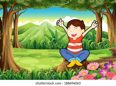 Illustration of a happy kid above the stump at the jungle
