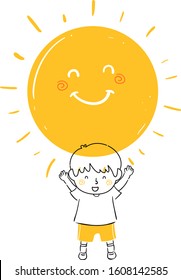 Illustration of a Happy Kid Boy Doodle with a Big and Smiling Sun in Summer