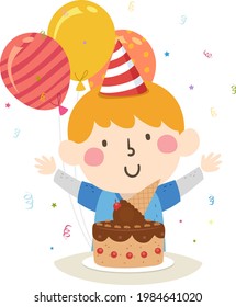 Illustration Of A Happy Kid Boy With Ice Cream Cake, Wearing Birthday Hat, With Balloons And Confetti