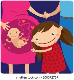 Illustration of happy kid girl hugging pregnant mother's belly 