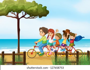 Illustration of happy kids and bicycle on a beach