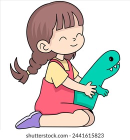 illustration of a happy kid's cartoon doodle, girl sitting playing with her cute dinosaur doll