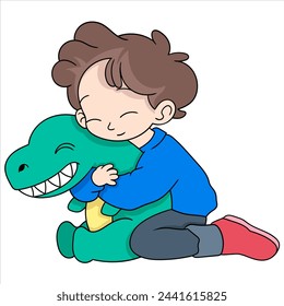 illustration of a happy kid's cartoon doodle, boy playing hugging his favorite dinosaur