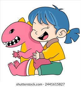 illustration of a happy kid's cartoon doodle, a girl sitting playing with her dinosaur doll