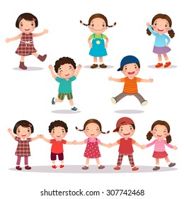 Illustration of happy kids cartoon holding hands and jumping