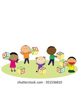 Illustration with happy kids and colorful blocks
