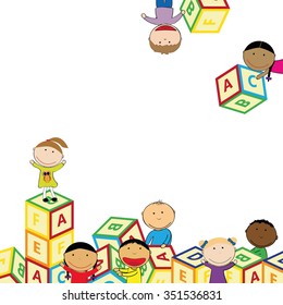 Illustration with happy kids and colorful blocks