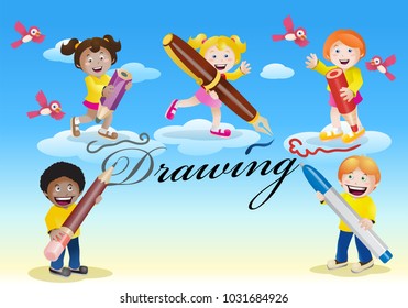 illustration of happy kids drawing theme on colorful background