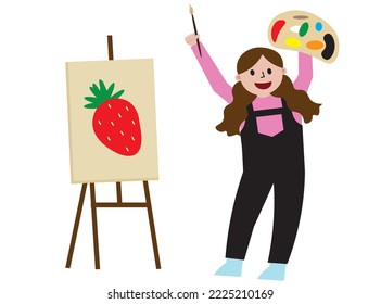 Illustration of happy kids with her palette and canvas. Girl with her hobby. A girl who paints a strawberry.