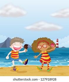 Illustration of happy kids with ice cream at the beach