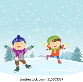illustration of happy kids ice-skating outdoors