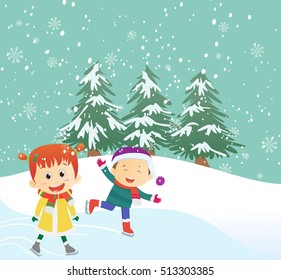 illustration of happy kids ice-skating outdoors
