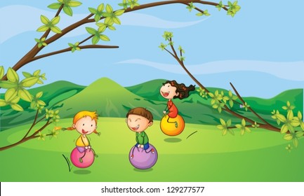 Illustration of happy kids playing with the bouncing balls