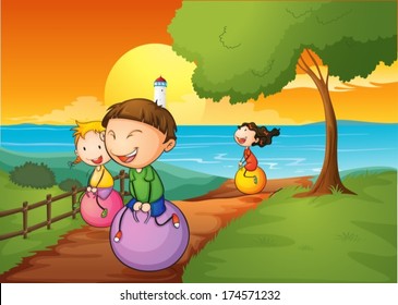 Illustration of the happy kids playing with the bouncing balls