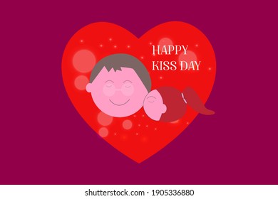 illustration of happy kiss day background with cartoon funny beautiful boy and girl with love vector.