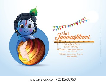 illustration of Happy Krishna Janmashtami, cream and pot with background 