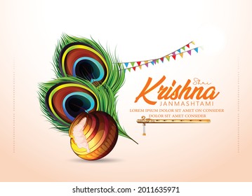 illustration of Happy Krishna Janmashtami, cream and pot with background 