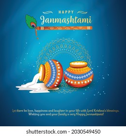 illustration of Happy Krishna Janmashtami  festival of India, cream and pot background, banner, poster , vector