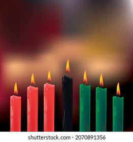 Illustration Of Happy Kwanzaa Greeting Card Background with seven black, green and red candlesticks, symbolizing the 7 principles of African Heritage (Nguzo Saba). 3D illustration