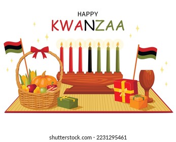 illustration of Happy Kwanzaa greetings for celebration of African American holiday festival of harvest