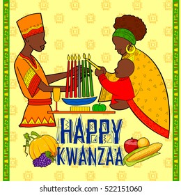 illustration of Happy Kwanzaa greetings for celebration of African American holiday festival of harvest