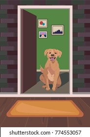 Illustration of happy labrador retriever greetings someone on the doorstep with opened door