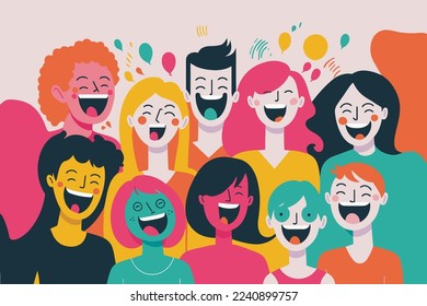 illustration happy laugh group people, portrait of smiling teenage boys and girls on new year party flat color vector cartoon style