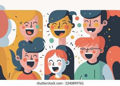 illustration happy laugh group people, portrait of smiling teenage boys and girls on new year party flat color vector cartoon style