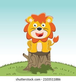 Illustration of a happy lion in a sitting position on a tree stump, Creative vector childish background for fabric, textile, nursery wallpaper, poster, card, brochure. and other decoration.