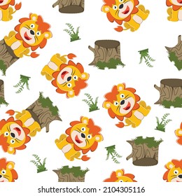 Illustration of a happy lion in a sitting position on a tree stump, Creative vector childish background for fabric textile, nursery wallpaper, brochure. and other decoration.