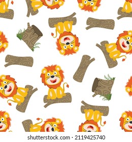 Illustration of a happy lion in a sitting position on a tree stump, Creative vector childish background for fabric textile, nursery wallpaper, brochure. and other decoration.
