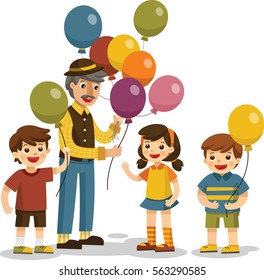 illustration of happy little children having a party. they holding Colorful Balloons 