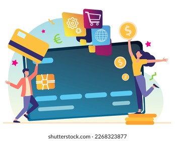 illustration of happy little man and woman with big bank card concept for online shopping. Young man holding credit card and girl holding coins