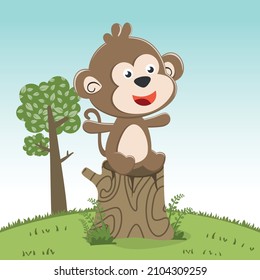 Illustration of a happy little monkey in a sitting position on a tree stump, Creative vector childish background for fabric, textile, nursery wallpaper, poster, card, brochure. and other decoration.