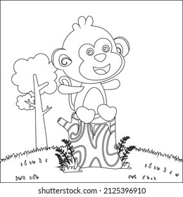 Illustration of a happy little monkey in a sitting position on a tree stump,   Trendy children graphic with Line Art Design Hand Drawing Sketch Vector illustration For Adult coloring book
