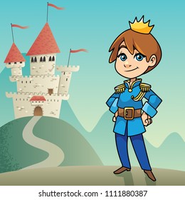 Illustration of happy little prince on fantasy background.