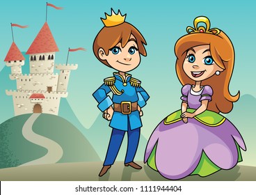 Illustration of happy little prince and princess on fantasy background.